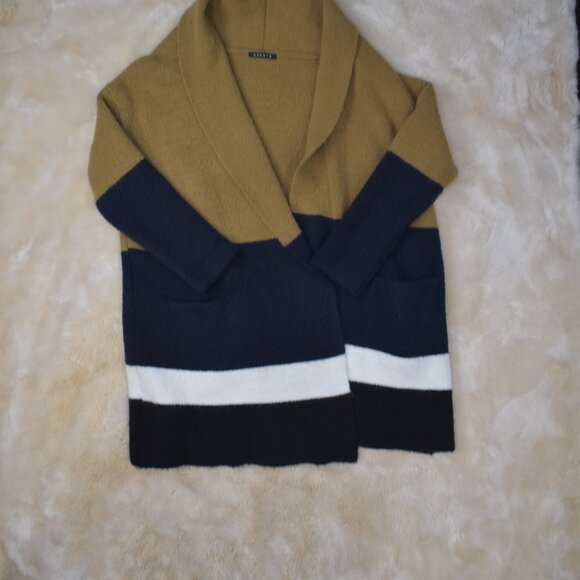 Decker Oversized Sweater Jacket Size S/M Camel Brown Navy Blue Open Front Comfy - Picture 2 of 13